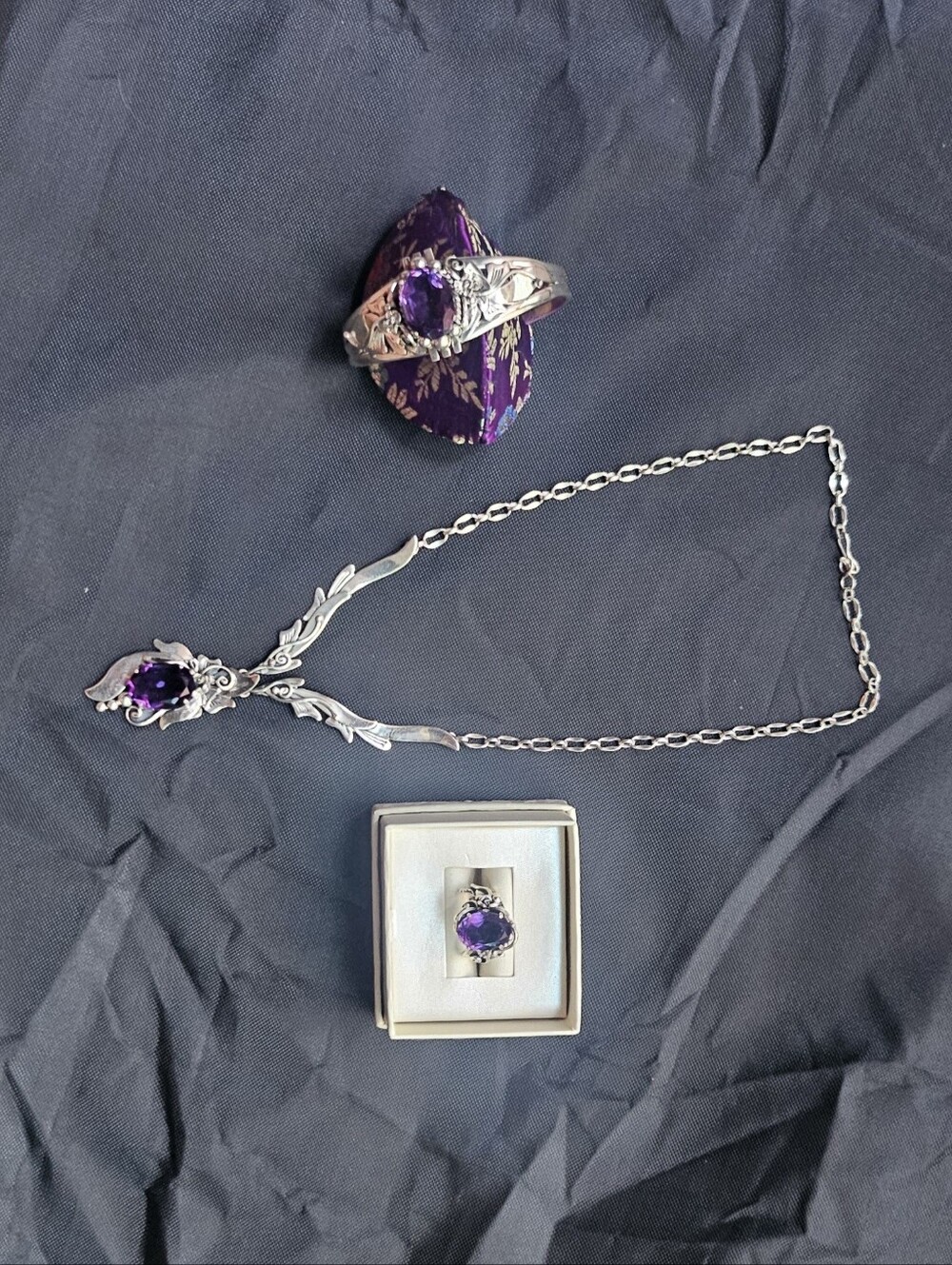 Les Baker Sterling Silver With Amethyst Stone Navajo Set. Ring, Necklace & Cuff